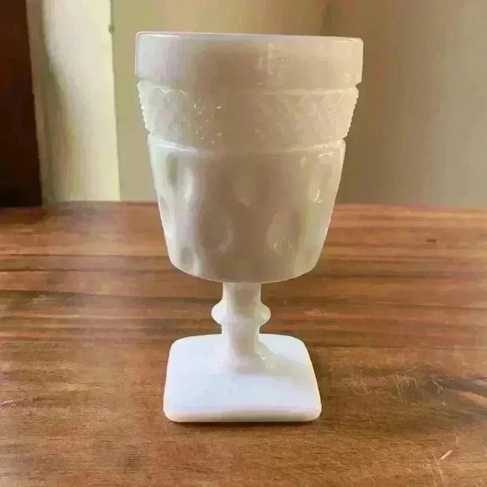 Vintage McKee Opal Milk Glass Pedestal Vase Pattern is Crosshatch & Dot Design - Picture 8 of 8